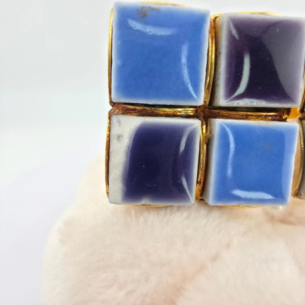 Vintage Ceramic Cufflinks Mid-Century Modern Purple Blue Enamel Tiles Gold Plate